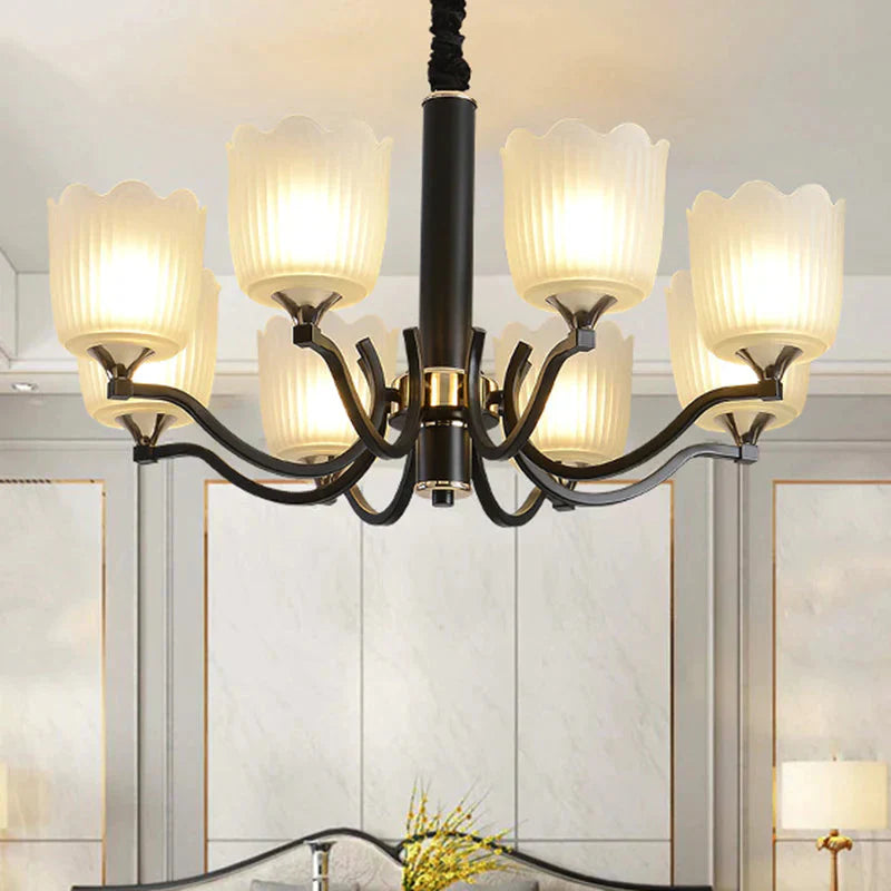 Scalloped Cup Shape Living Room Pendant Traditional Opal Ribbed Glass 3/6/8 - Bulb Black Ceiling