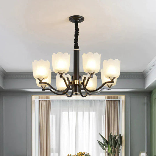 Scalloped Cup Shape Living Room Pendant Traditional Opal Ribbed Glass 3/6/8 - Bulb Black Ceiling