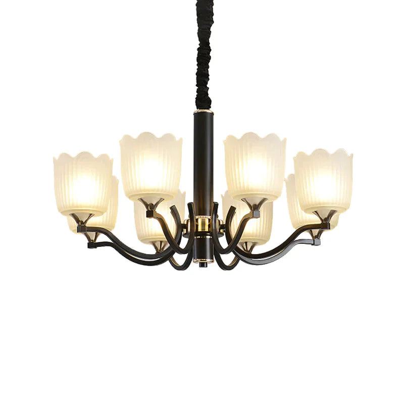 Scalloped Cup Shape Living Room Pendant Traditional Opal Ribbed Glass 3/6/8 - Bulb Black Ceiling