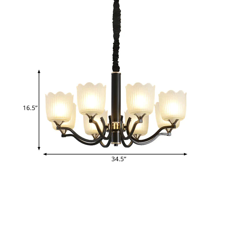 Scalloped Cup Shape Living Room Pendant Traditional Opal Ribbed Glass 3/6/8 - Bulb Black Ceiling