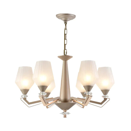 White Frosted Glass Cup Shape Chandelier Traditional 3/6 Bulbs Bedroom Pendulum Light In Gold