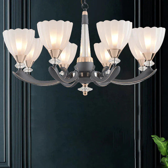 Gray - Gold 6/8 Lights Ceiling Chandelier Traditional White Frosted Glass Flower Up Hanging Lamp