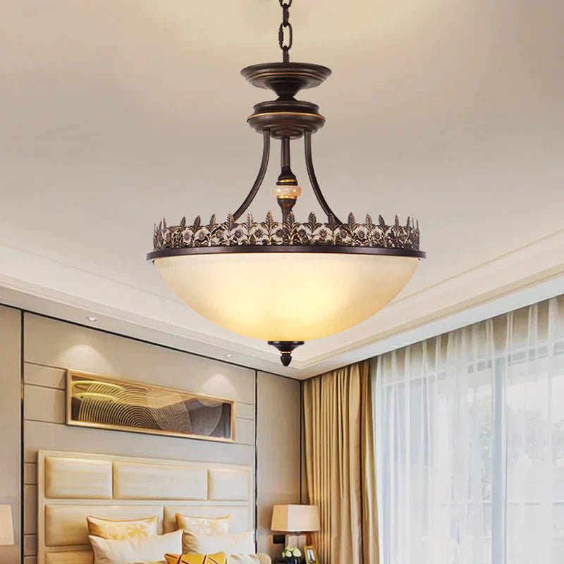 Bowl Bedroom Pendant Chandelier Rural Frosted Glass 3 Bulbs Black Hanging Light Fixture