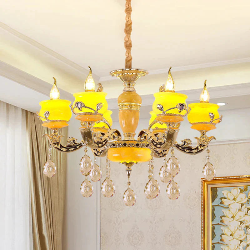 6/8 Lights Jade Ceiling Chandelier Antique Gold Candelabra Dining Room Pendant With Dangling