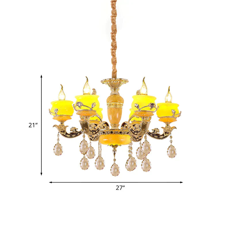 6/8 Lights Jade Ceiling Chandelier Antique Gold Candelabra Dining Room Pendant With Dangling Crystal