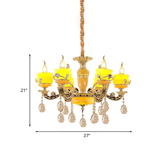 6/8 Lights Jade Ceiling Chandelier Antique Gold Candelabra Dining Room Pendant With Dangling Crystal