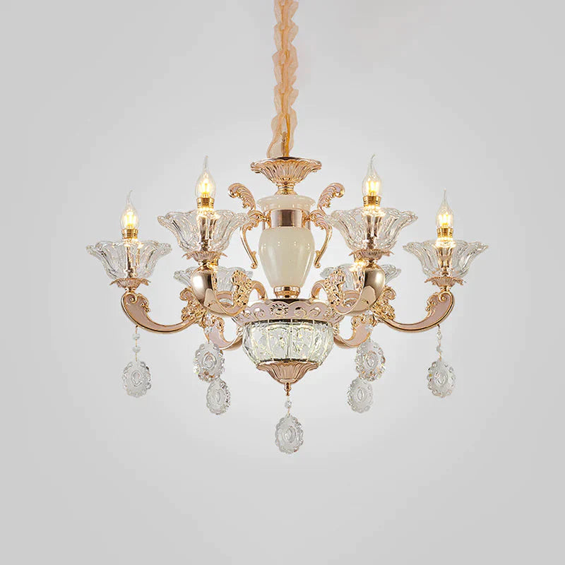 Clear Glass Candle Chandelier Traditional 6/8 Heads Bedroom Hanging Light In Gold With Crystal