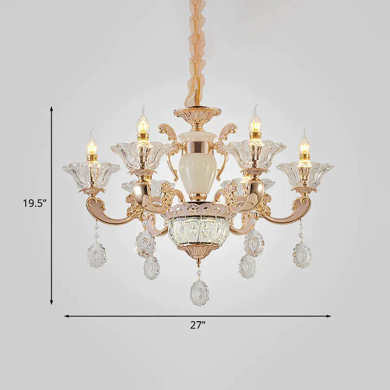 Clear Glass Candle Chandelier Traditional 6/8 Heads Bedroom Hanging Light In Gold With Crystal