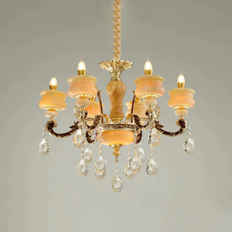 Gold Candlestick Hanging Chandelier Vintage Jade 6/8 Bulbs Bedroom Pendant Light With Crystal Drop