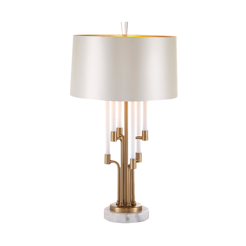 Elisa - Classic Traditional Drum Table Light 1 Fabric Nightstand Lighting In Inner Gold With Flute