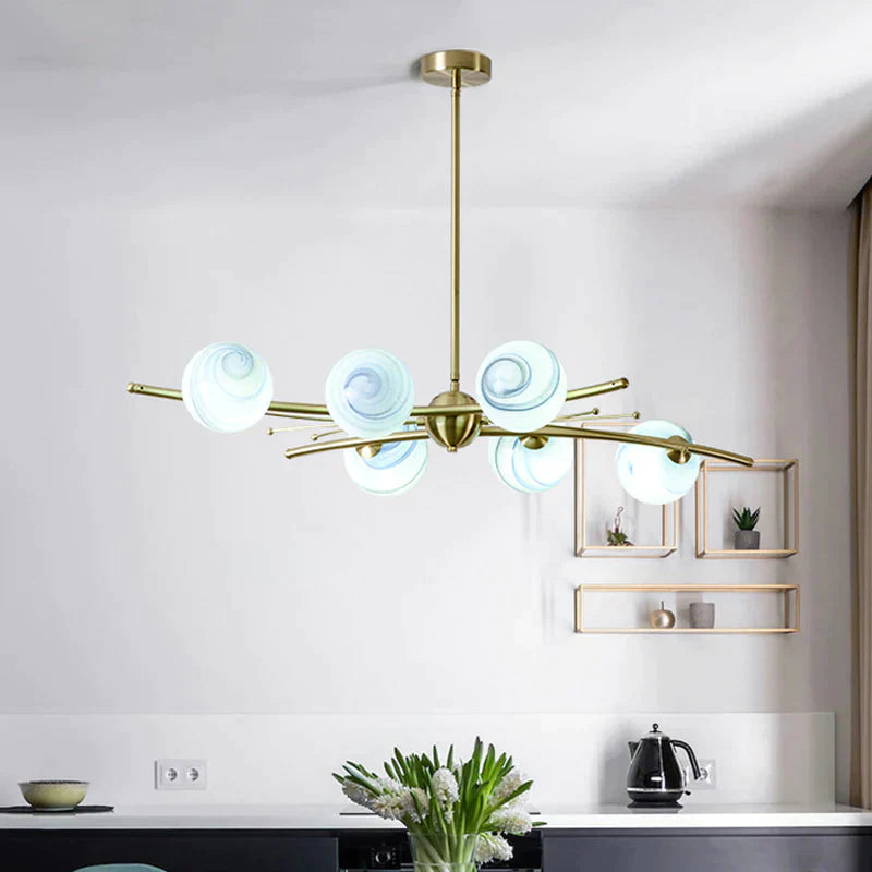 Spherical Frosted Glass Ceiling Light Modern 6 - Head Gold Chandelier Lamp For Dining Room