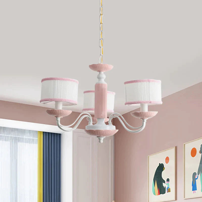 Macaroon 3/6 Bulbs Pendant Light Pink/Blue Drum Chandelier Lighting Fixture With Fabric Shade