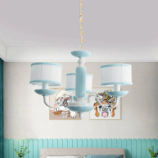 Macaroon 3/6 Bulbs Pendant Light Pink/Blue Drum Chandelier Lighting Fixture With Fabric Shade