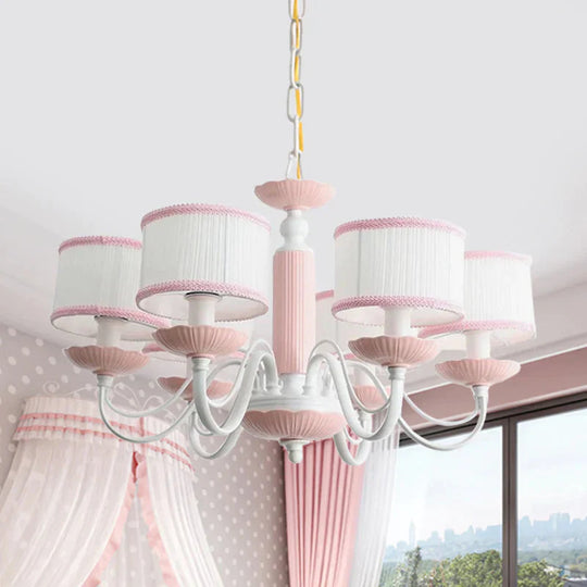 Macaroon 3/6 Bulbs Pendant Light Pink/Blue Drum Chandelier Lighting Fixture With Fabric Shade
