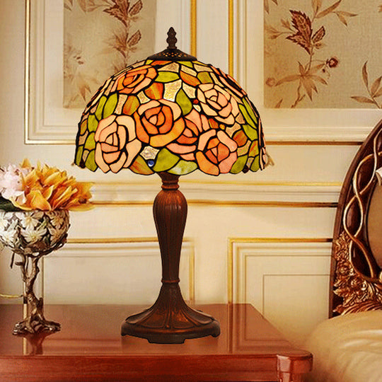 Marina - Bronze Single Nightstand Light Tiffany Stained Art Glass Peony Table Lamp With Dome Shade