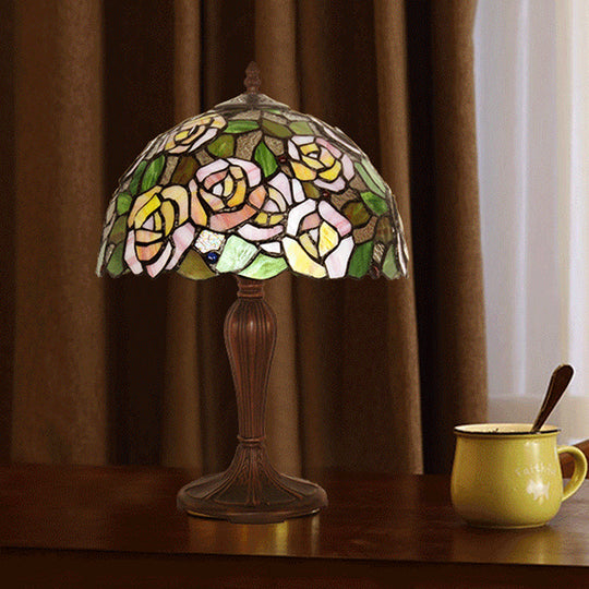 Marina - Bronze Single Nightstand Light Tiffany Stained Art Glass Peony Table Lamp With Dome Shade