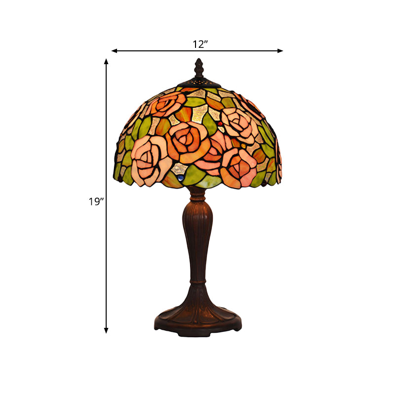 Marina - Bronze Single Nightstand Light Tiffany Stained Art Glass Peony Table Lamp With Dome Shade