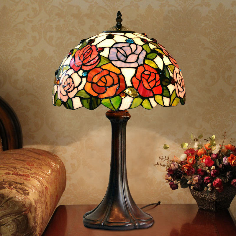 Alphecca - Tiffany 1 - Head Jeweled Table Lamp Bronze Handcrafted Art Glass Night Lighting With