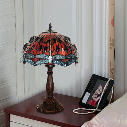 Giedi - Laburnum Table Light 1 - Light Red Glass Tiffany Nightstand Lamp With Gem - Like Cabochons