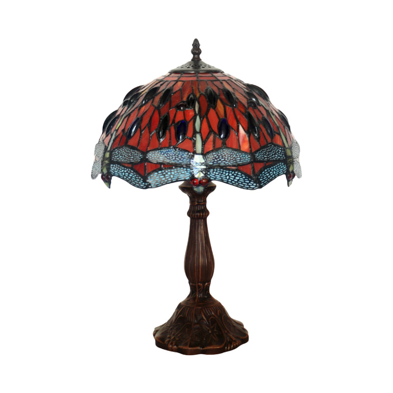 Giedi - Laburnum Table Light 1 - Light Red Glass Tiffany Nightstand Lamp With Gem - Like Cabochons
