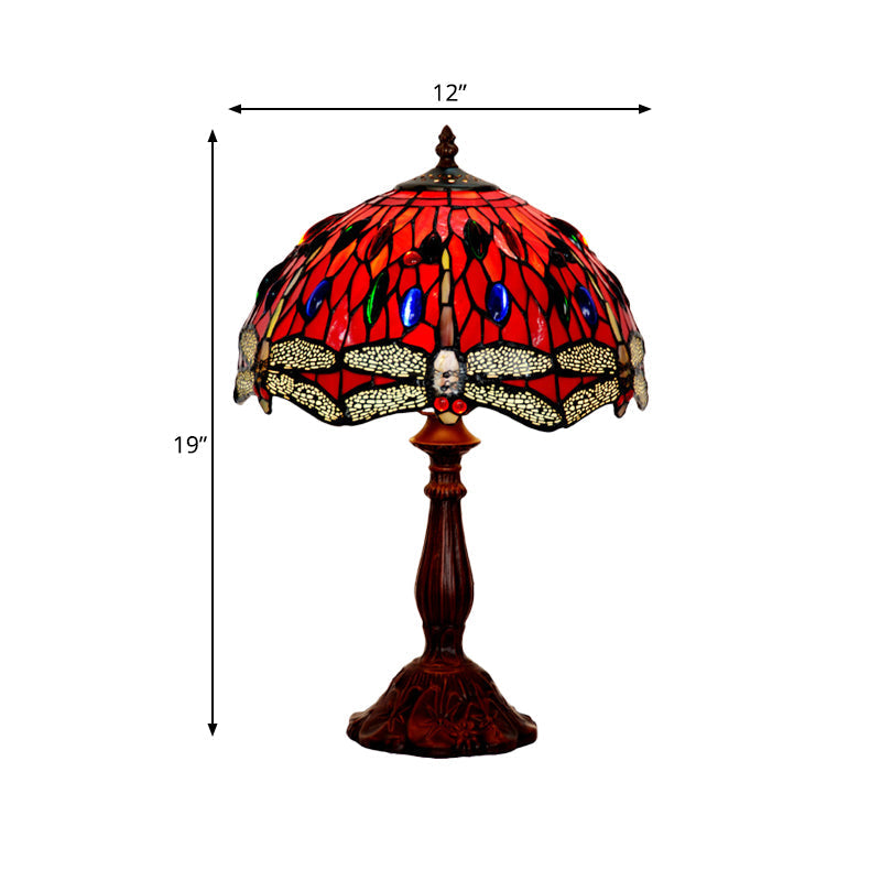 Giedi - Laburnum Table Light 1 - Light Red Glass Tiffany Nightstand Lamp With Gem - Like Cabochons