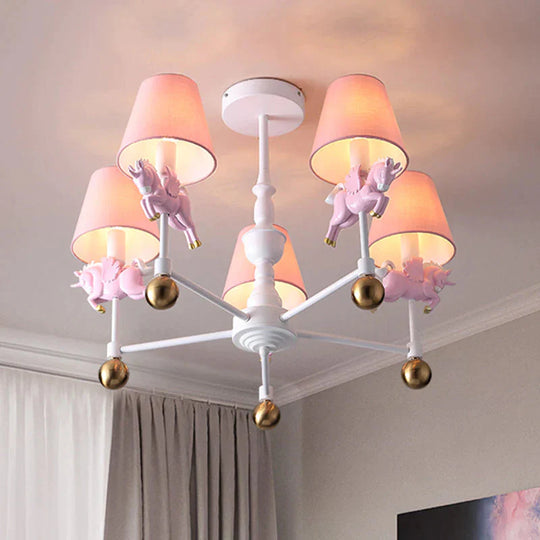 Unicorn Girl’s Room Chandelier Resin 3/5 - Head Kids Hanging Light In White With Pink Cone Shade 5 /