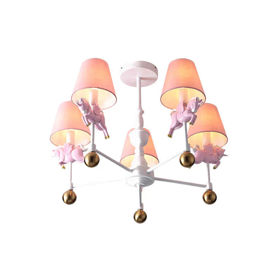 Unicorn Girl’s Room Chandelier Resin 3/5 - Head Kids Hanging Light In White With Pink Cone Shade
