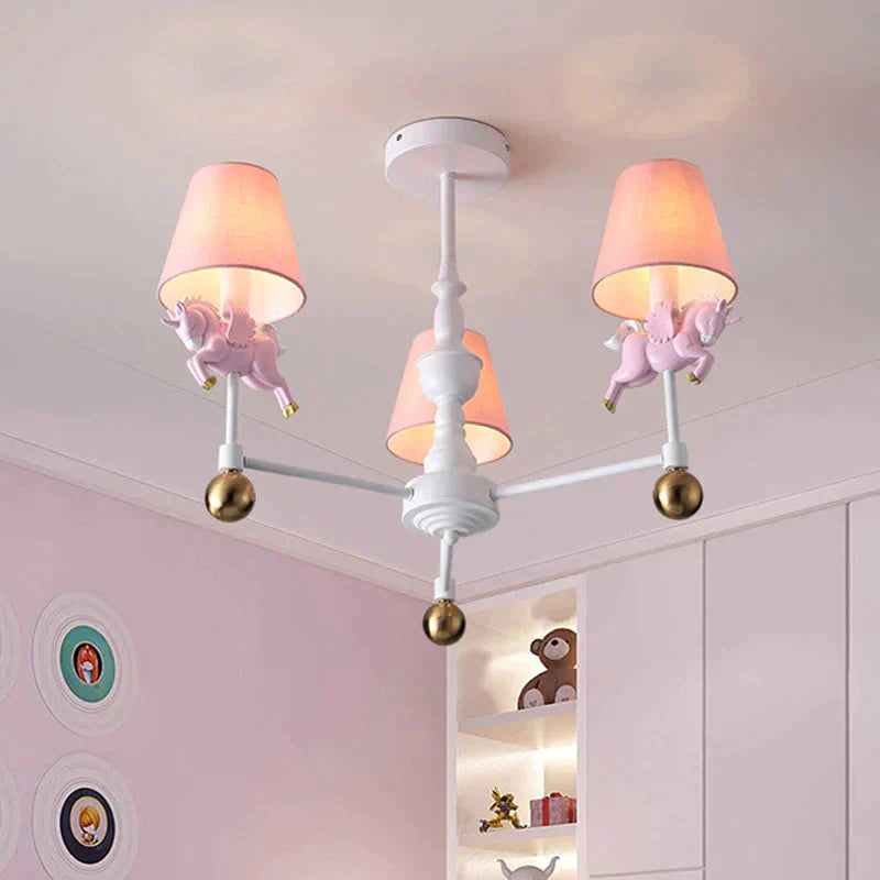 Unicorn Girl’s Room Chandelier Resin 3/5 - Head Kids Hanging Light In White With Pink Cone Shade