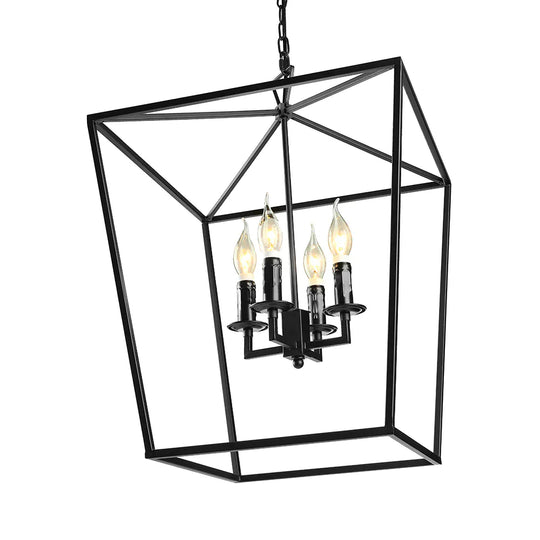 Vintage Squared Cage Chandelier Light Fixture With Candle 4 - Light Wrought Iron Medium Ceiling In