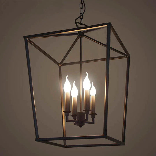 Vintage Squared Cage Chandelier Light Fixture With Candle 4 - Light Wrought Iron Medium Ceiling In