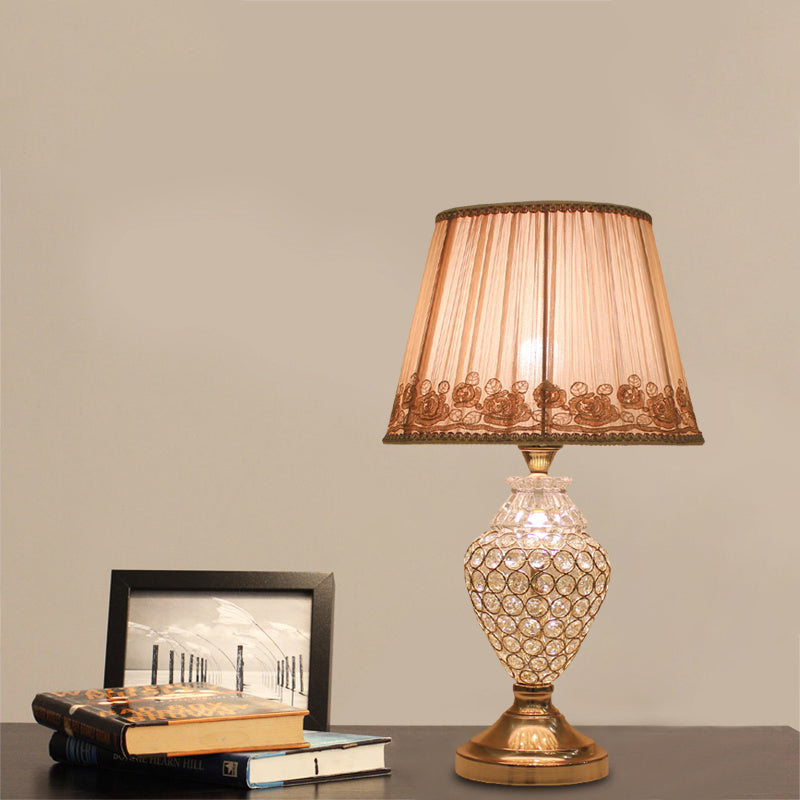 Greta - Rural 1 Head Rose - Trim Conical Table Light Gold Pleated Fabric Night Lamp With Pot