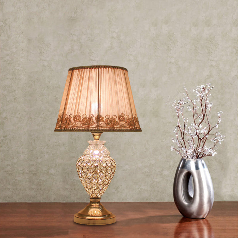 Greta - Rural 1 Head Rose - Trim Conical Table Light Gold Pleated Fabric Night Lamp With Pot