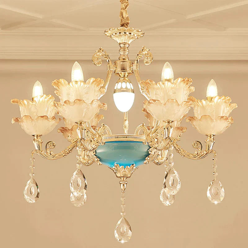 Gold Floral Chandelier Lighting Mid Century Frosted Glass 6/8 Heads Bedroom Pendant With Crystal