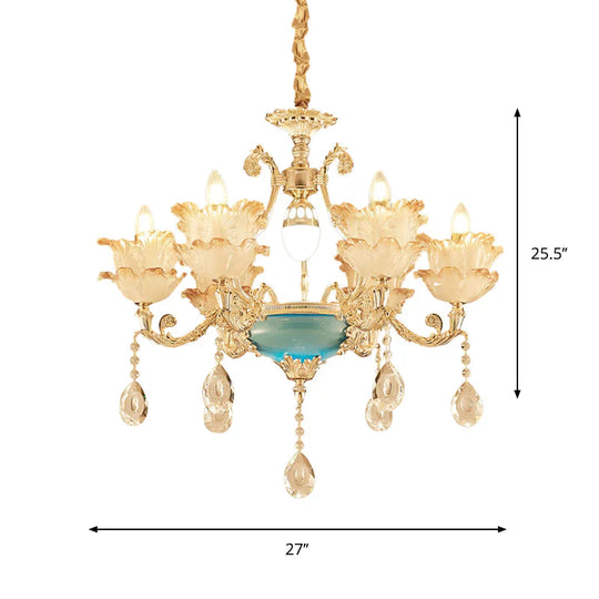 Gold Floral Chandelier Lighting Mid Century Frosted Glass 6/8 Heads Bedroom Pendant With Crystal