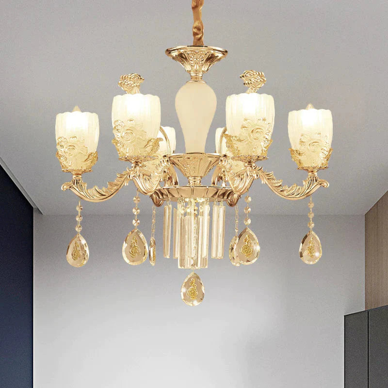 Frosted Glass Floral Chandelier Mid Century 6/8 Heads Bedroom Suspension Lamp In Gold With Crystal