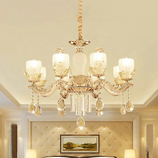Frosted Glass Floral Chandelier Mid Century 6/8 Heads Bedroom Suspension Lamp In Gold With Crystal