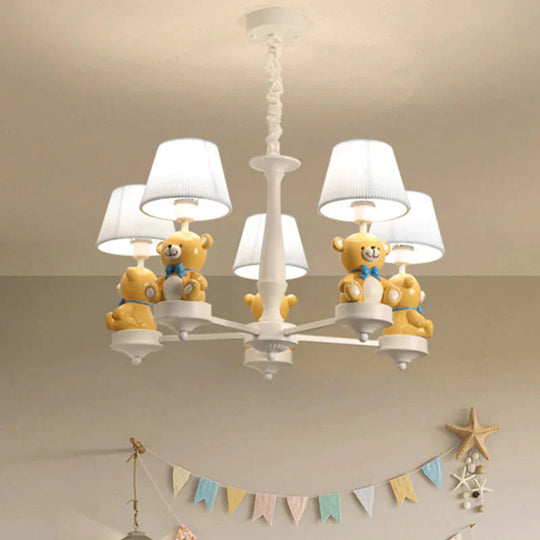 Pleated Fabric Tapered Chandelier Cartoon 3/5 - Bulb White Hanging Lamp With Bear Decoration