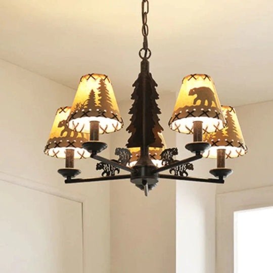 Bear And Forest Print Fabric Chandelier Nordic 5 Heads Black Pendant Ceiling Light With Cone Shade