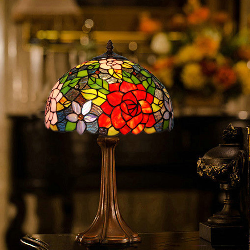 Aria - Victorian Hand - Cut Stained Glass Rose Table Light 1 Head Bronze Night Stand Lamp
