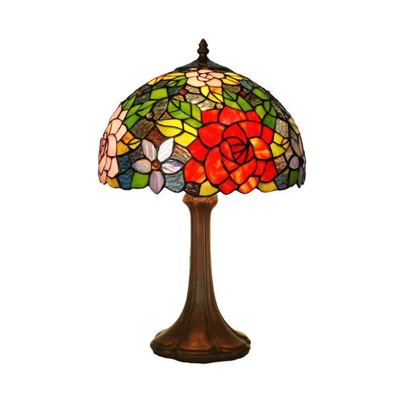 Aria - Victorian Hand - Cut Stained Glass Rose Table Light 1 Head Bronze Night Stand Lamp