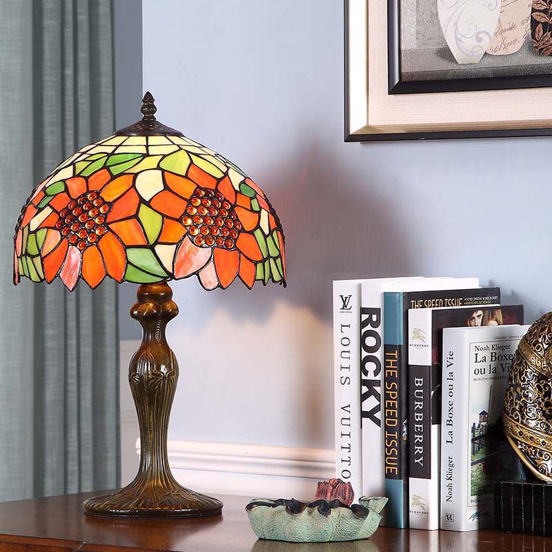 Emily - Sunflower Nightstand Light: Tiffany Dark Brown Stained Art Glass Table