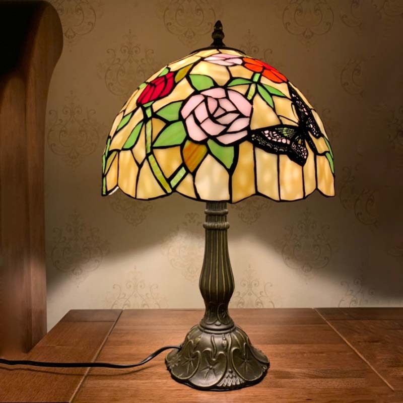Nora - Tiffany Stained Glass Butterfly And Flowerbud Table Lamp Single - Bulb