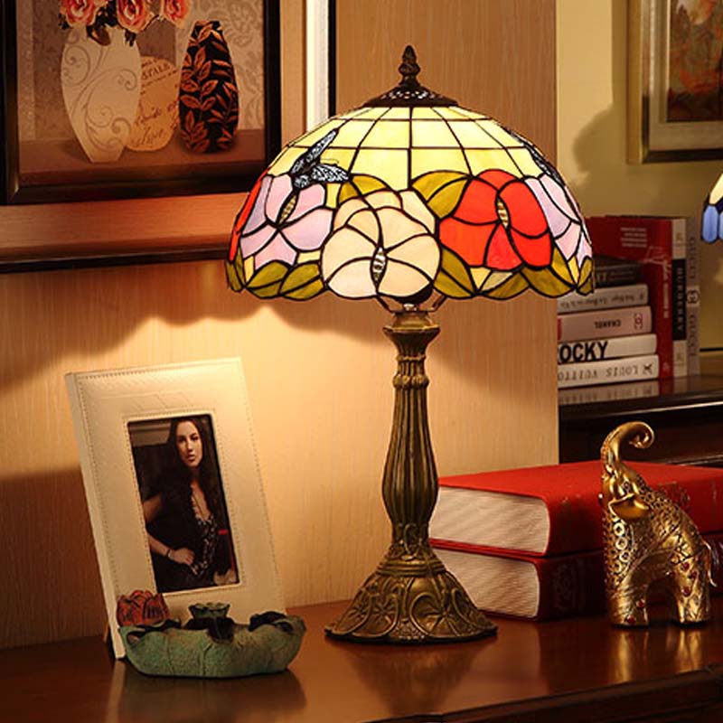 Marina - Tiffany 1 Bulb Grid - Bowl Table Light Bronze Stained Glass Night Lamp With Butterfly And