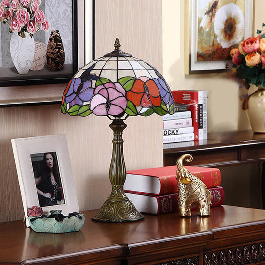 Marina - Tiffany 1 Bulb Grid - Bowl Table Light Bronze Stained Glass Night Lamp With Butterfly And