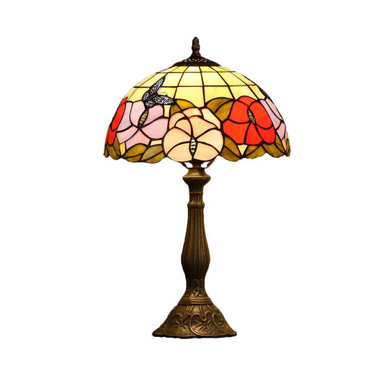 Marina - Tiffany 1 Bulb Grid - Bowl Table Light Bronze Stained Glass Night Lamp With Butterfly And