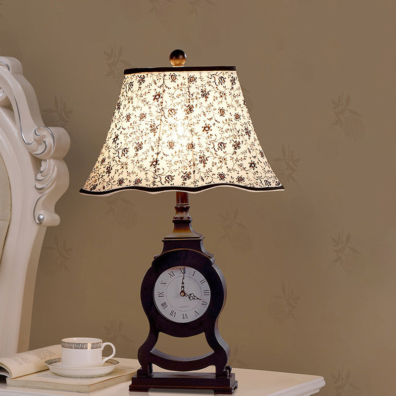 Reagan - Black 1 - Bulb Desk Lamp Classic Fabric Flared Flower Patterned Table Light With Clock