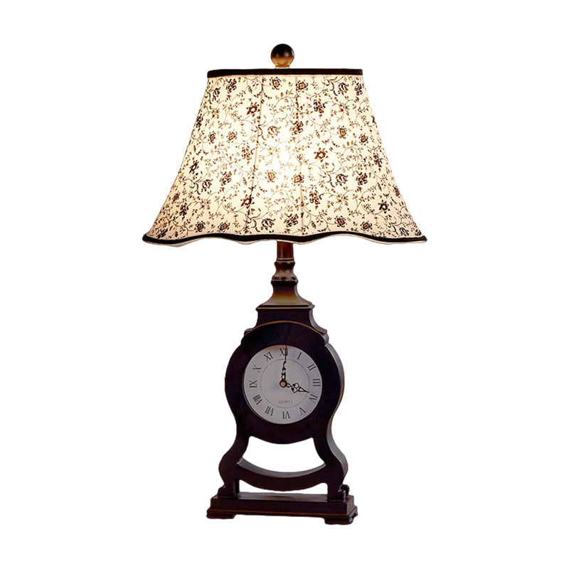Reagan - Black 1 - Bulb Desk Lamp Classic Fabric Flared Flower Patterned Table Light With Clock