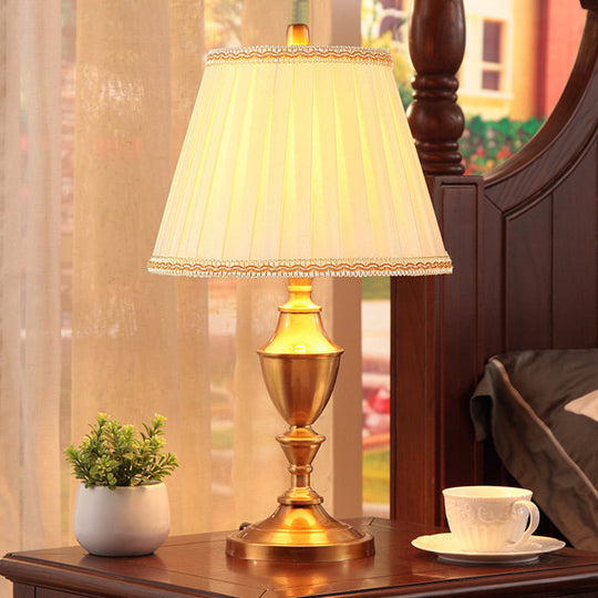 Lucie - Brass Night Table Lamp: Rustic Fabric Pleated Lampshade Desk Light