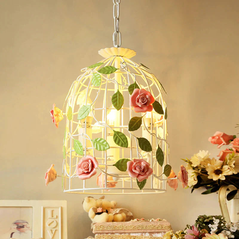 Pink Rose Vine And Birdcage Chandelier Korean Flower Iron 3 Bulbs Dining Table Suspension Lighting
