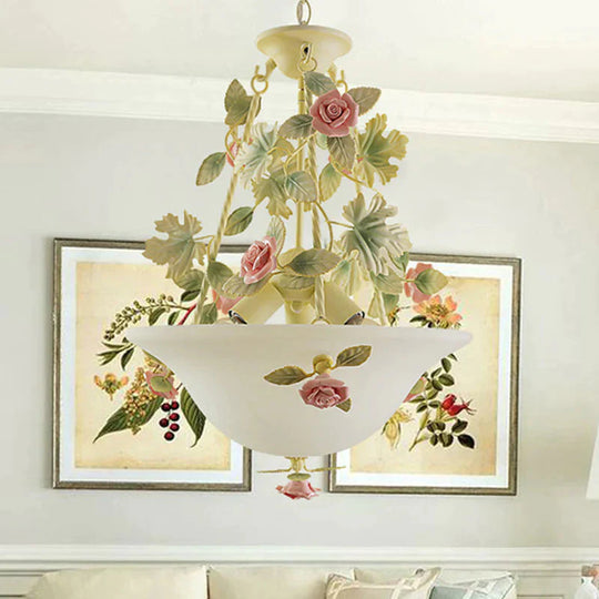 3 - Light Inverted Hat Shade Chandelier American Flower Green Opaline Glass Ceiling Pendant Lamp